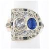Antique Retro 14K Gold 3.65 ctw Bezel GIA Cushion Diamond & Sapphire Cocktail Ri