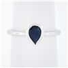 Simple Petite 14k White Gold 0.70 ctw Bezel Pear Dark Blue Sapphire Solitaire Ri