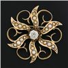 Image 1 : Antique Victorian 14k Gold 0.25 ctw Diamond & Seed Pearl Flower Pin Brooch Penda