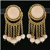 Image 2 : Vintage 18K Gold Angel Skin Coral Button & Rope Frame Round Bead Dangle Earrings