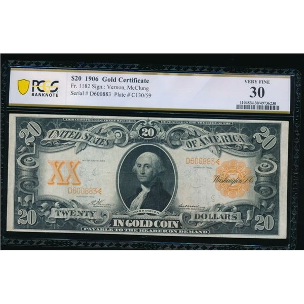 1906 $20 Gold Certificate PCGS 30