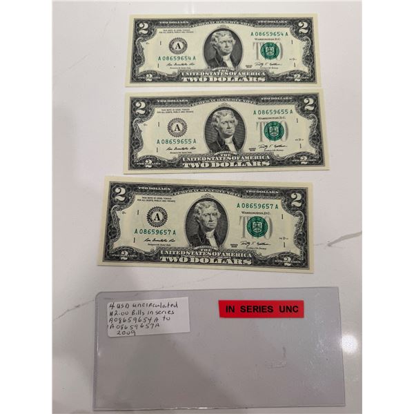 3 USD uncirculated two dollar bills in series