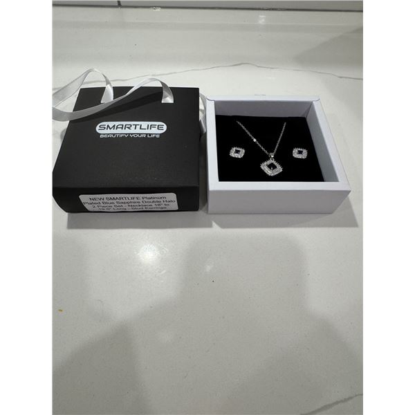 New smart life, platinum plated, blue sapphire, double halo two-piece set 18 inch necklace, stud ear