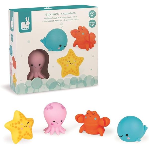 NEW JANOD 4 SQUIRTERS BATH TOYS AGES 10 MONTHS +