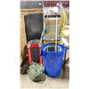 Image 1 : ASSORTED ULINE, BRUTE, & RUBBERMAID WASTE RECEPTACLES WITH JANITORIAL SUPPLIES / WADERS / DOLLY