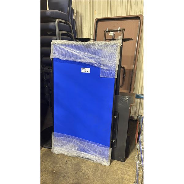 6' FOLDING TABLE, ASSORTED BLACK METAL COMMERCIAL TABLE BASES, & BLUE WALL MOUNTED 54"W X 30"H SIGN