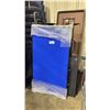 Image 1 : 6' FOLDING TABLE, ASSORTED BLACK METAL COMMERCIAL TABLE BASES, & BLUE WALL MOUNTED 54"W X 30"H SIGN