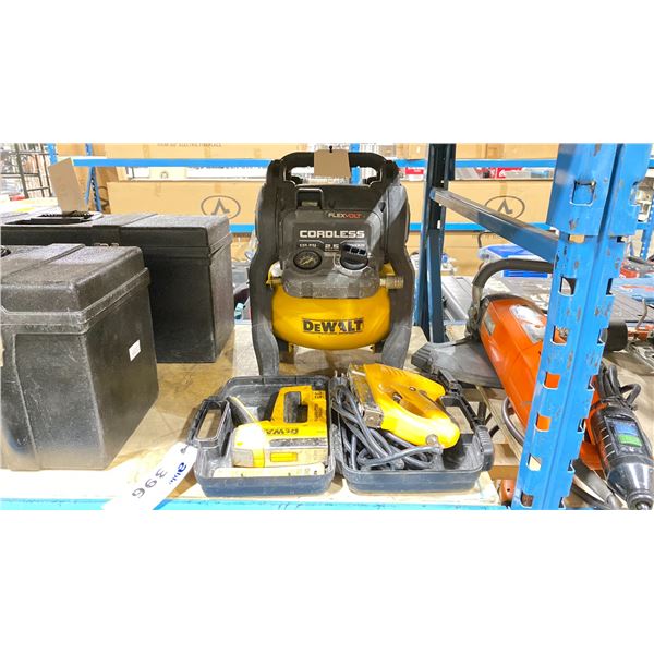 DEWALT CORDLESS 2.5 GAL MINI PORTABLE AIR COMPRESSOR, DEWALT HAND OPERATED STAPLE GUN & YELLOW