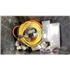 Image 2 : BLACK PLASTIC BIN OF ASSORTED ELECTRICAL COMPONENTS & EXTENSION CORDS *BIN INCLUDED*