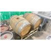 Image 1 : 2 SAURY OAK COMMERCIAL BREWERY WINE AGING BARRELS ON DUAL BARREL METAL STAND