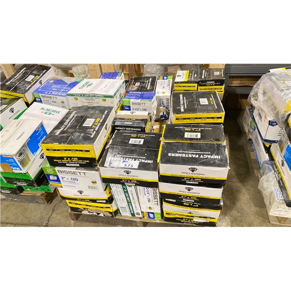 PALLET OF ASSORTED BOXES OF INDUSTRIAL COIL NAILS & ASSORTED DRIVE SCREWS