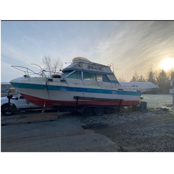 CABIN CRUISER BOAT WITH TRAILER, TWIN ENGINES *NEEDS FLATDECK FOR REMOVAL* *NO REGISTRATION