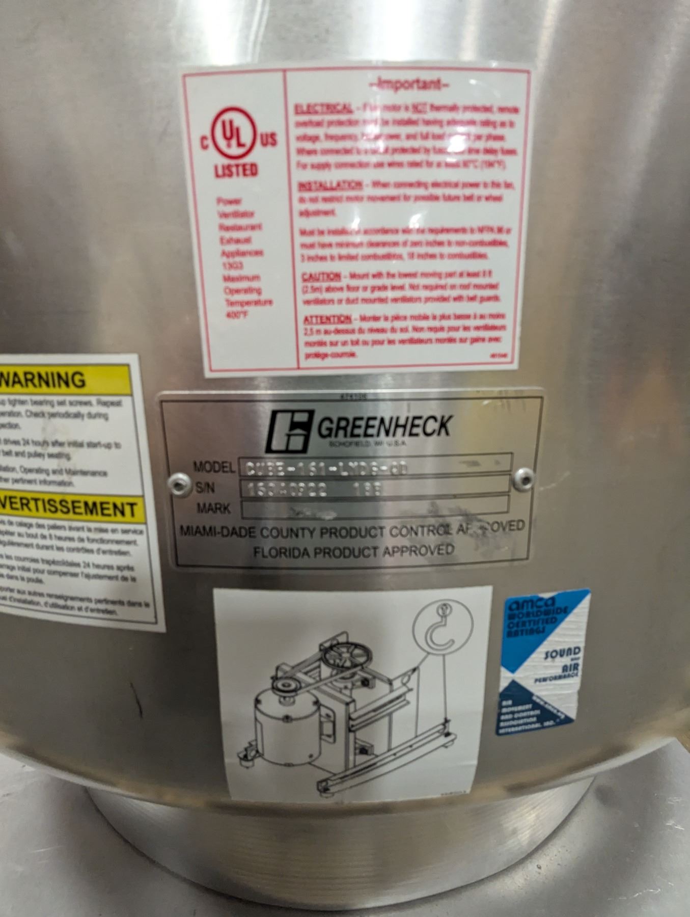 10' Hood With Cube-161 Series Greenheck Exhaust Fan