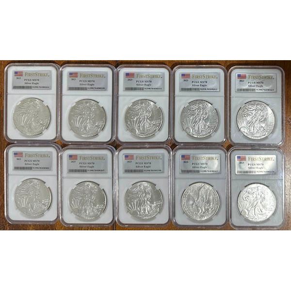 Silver Eagle $1, 2023, First Strike Coins, a group of 9, PCGS graded MS70