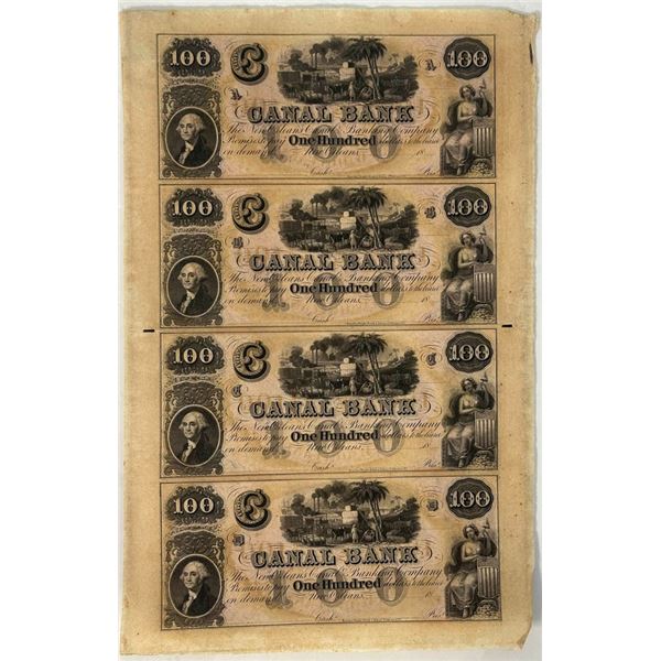 Private Banks and Local Issues, 1850's, $100 Canal Bank, New Orleans, LA., uncut sheet of 4, Crisp U