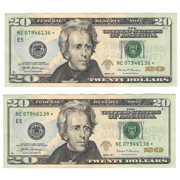 Federal Reserve $20 Note, 2017, 2 Star Notes