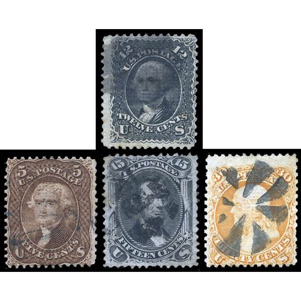 1867, 12¢ Washington, intense black, Z. grill; also 5¢, 15¢ and 30¢ F. grills
