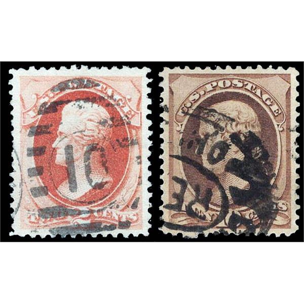 1879, 2¢ Jackson, A.B.N.C. printing, and 1882, 10¢ Jefferson, re-engraved, brown
