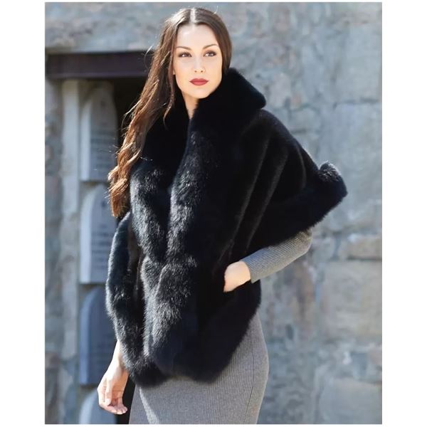 Ladies Black Mink Shawl Trimmed in Black Fox