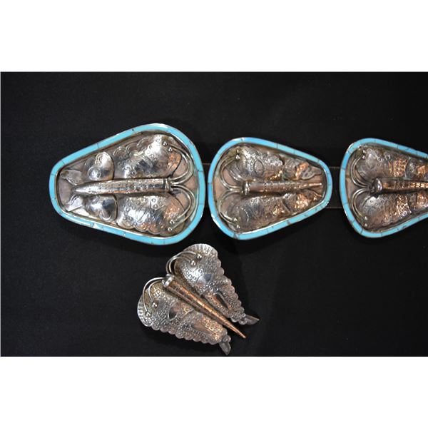 Silver with Turquoise Framed Butterfly Conchos on Black Leather Belt & Silver Butterfly Pendant
