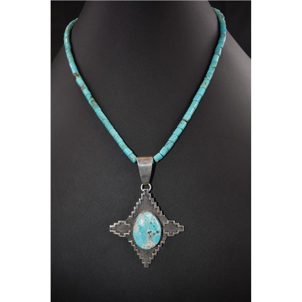 Turquoise Necklace with Silver and Turquoise Pendant by Tommy Jackson