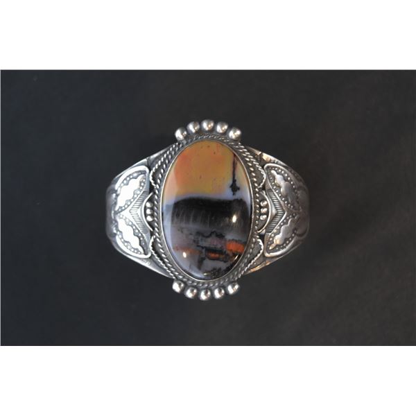 Vintage Fred Harvey Era Silver Cuff with Oval Petrified Wood or Agate, Ca. 1935
