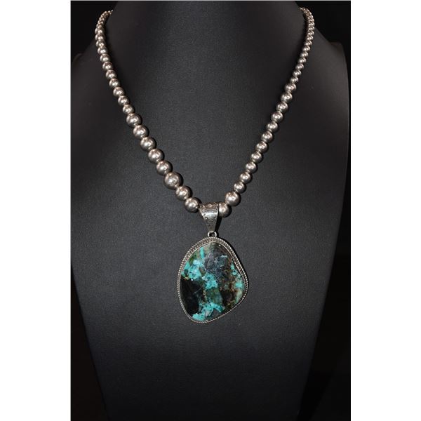 Silver Bead Necklace with Removable Turquois Pendant