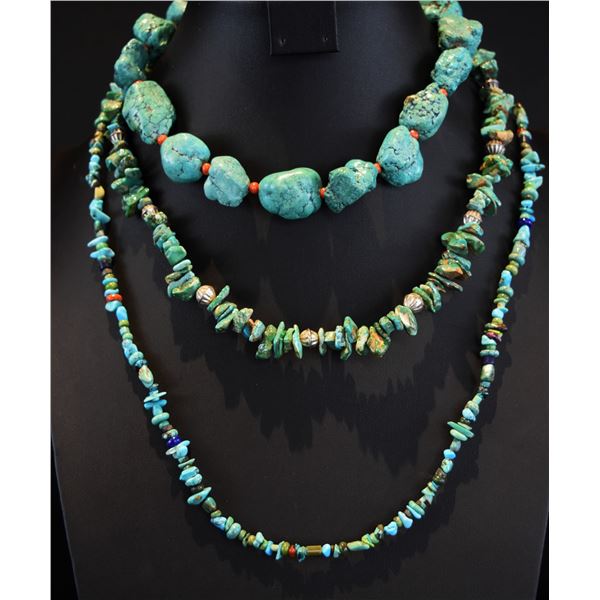Lot of 3 Strand Necklaces: 1) Turquoise and Coral Strand, 2) Multi Stone Strand, 3) Lone Mountain Tu