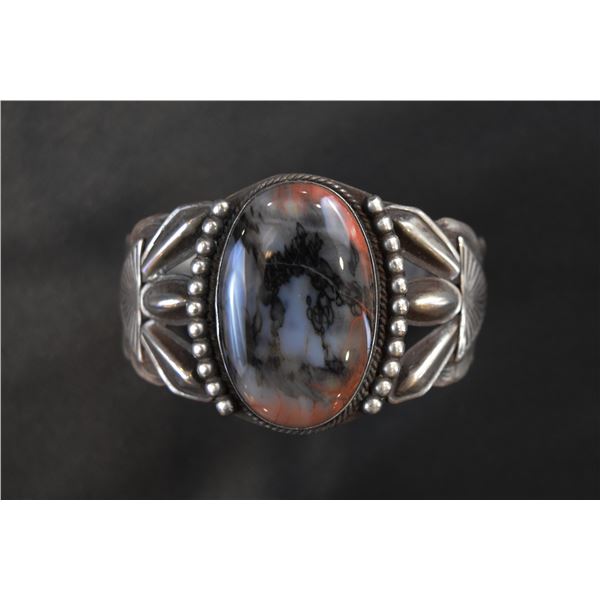 Vintage Elaborately Designed Oval Petrified Wood Navajo Bracelet, Ca. 1930s