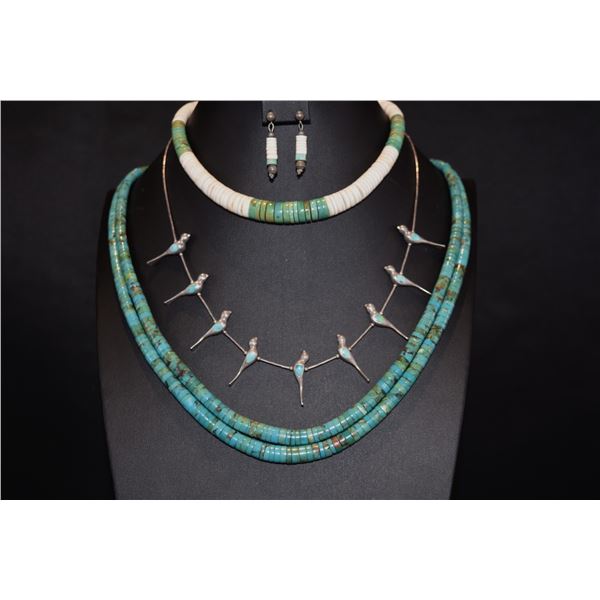 Lot of 3 Necklaces: 1) Turquoise 2-Strand, 2) Silver Birds with Turquoise Inlay, 3) Choker Shell