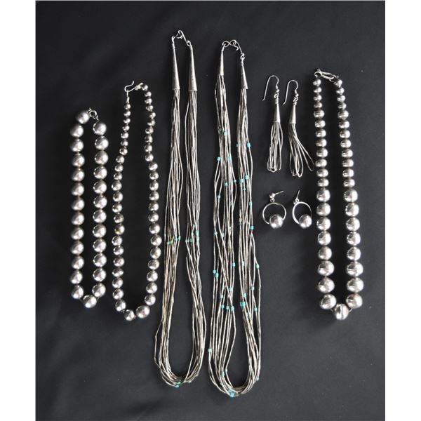 Lot of 5 Necklaces & 2 pair of Earrings: 1)Silver Handstamped Graduated with Earrings, 2) Lot of 2 S