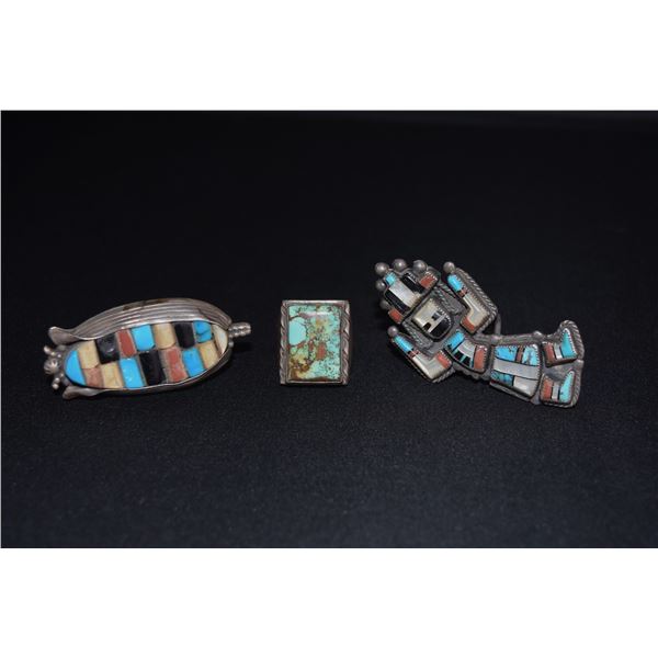 Lot of 3 Rings: 1) Zuni Inlay Rainbow Man Ring, 2) Corn Ring Marked "ML", 3) Navajo Silver & Rectang
