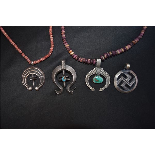 Lot of 4 Silver Pendants, with two bead strand necklaces