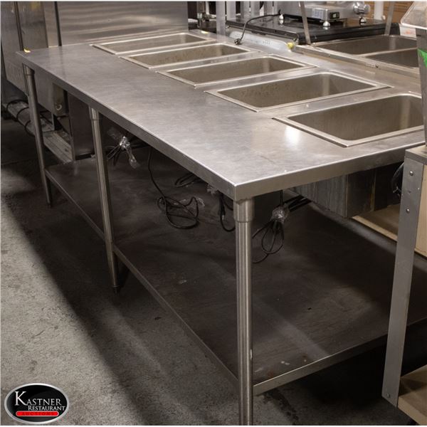 LARGE S/S WORK TABLE W/ 5 DROP IN FOOD WARMERS