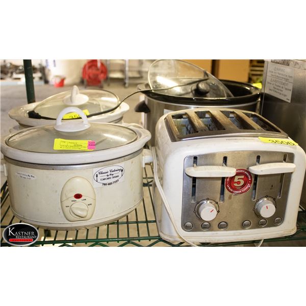 LOT OF 3 ASSORTED SLOW COOKERS W/ 1 4 SLOT TOASTER