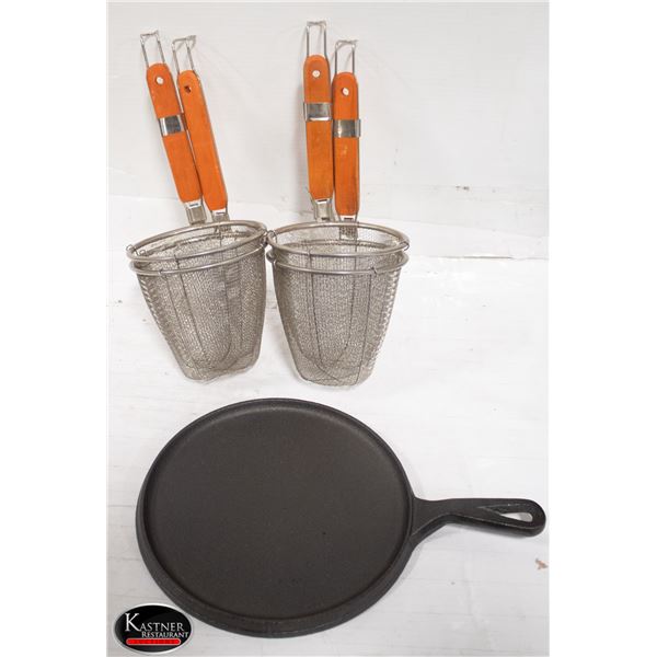 4 WOODEN HANDLED PASTA STRAINERS W/ 9.5" CAST IRON