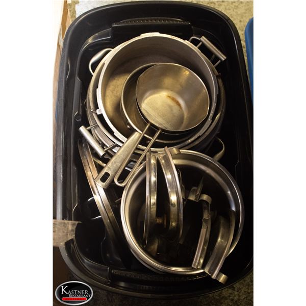 CONTAINER 3--5 LARGE & 3 SMALL SOUP POTS,