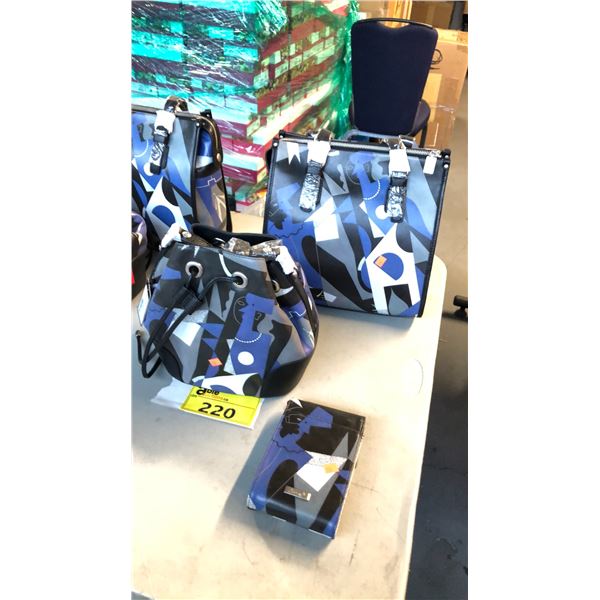 BLUE ABSTRACT PURSE, SMALL BUCKET BAG AND CELL PHONE PURSE