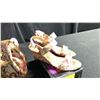 Image 2 : SIZE 10 SINGING FISH FLAT BUCKLE THONGS, MONTHLY BOUQUET COVERED WEDGE SANDALS, MATCHING BUCKET BAG