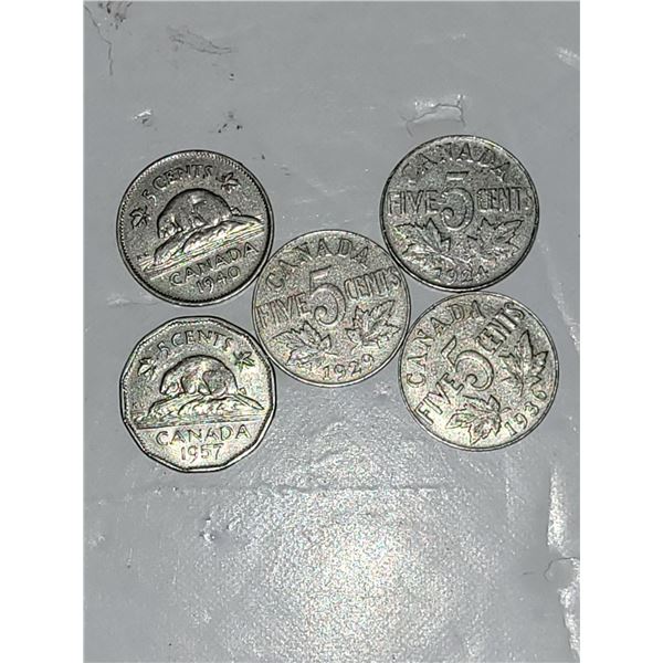 Lot of 5 Nickels: 1940; 1924; 1929; 1957; 1936