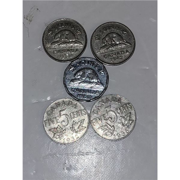Lot of 5 Nickels: 1938; 1942; 1953; 1932; 1933