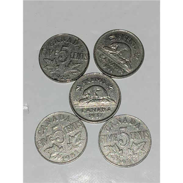 Lot of 5 Nickels: 1922; 1941; 1937 Dot; 1931; 1930
