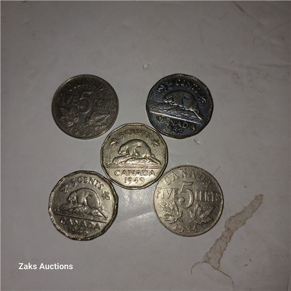 Lot of 5 Nickels: 1933; 1952; 1949; 1946; 1934