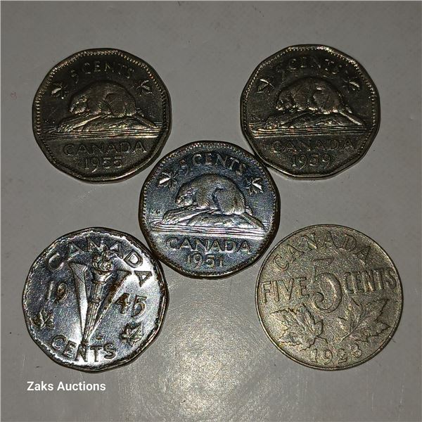 Lot of 5 Nickels: 1955; 1959; 1951; 1945 Tombac; 1923