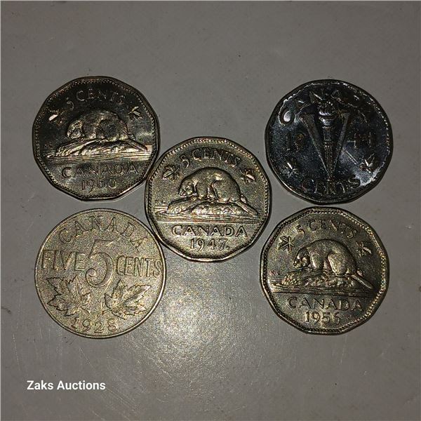 Lot of 5 Nickels: 1960; 1947 Maple Leaf; 1944 Tombac; 1928; 1956