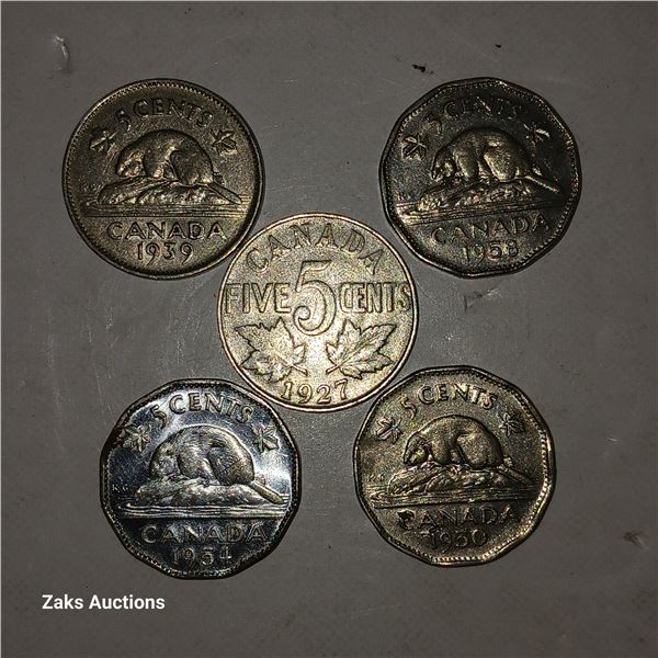 Lot of 5 Nickels: 1939; 1959; 1927; 1954; 1950