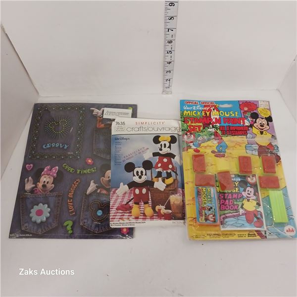 Lot of 3 Mickey Mouse Items - New Gift Box | Vintage Sewing Patterns | Stamp 'n' Print