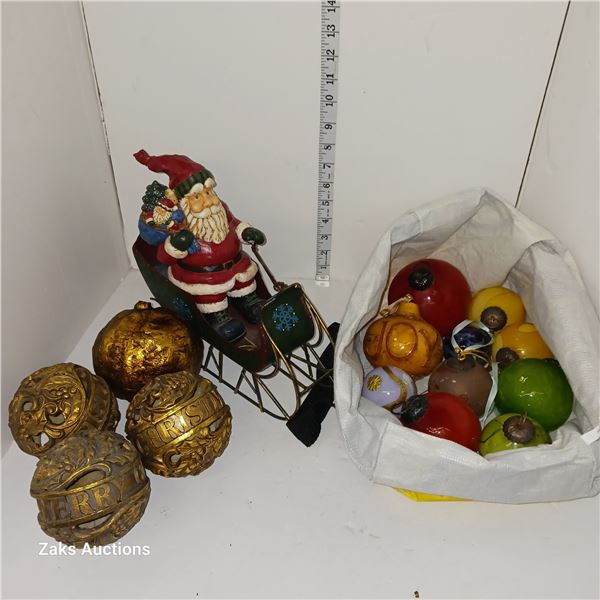 Fantastic Lot of Quality Christmas Decor - Wooden Gold Balls | Heavy Santa Sleigh + Thick Glass Ball