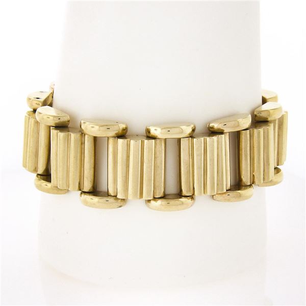 Vintage Retro 14K Yellow Gold 7.25" 20mm Wide Fluted & Grooved Link Bracelet