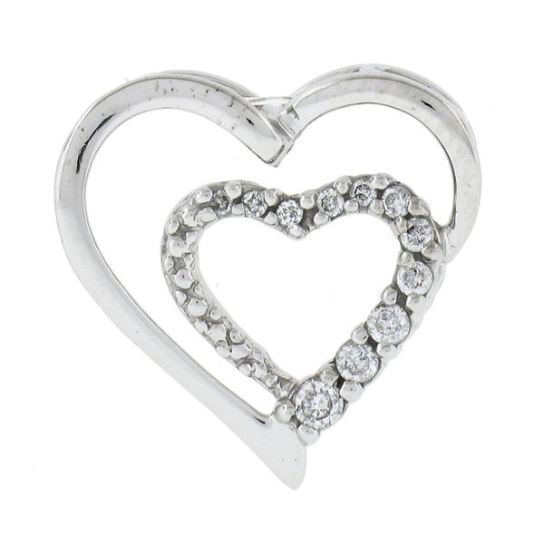 10K White Gold 0.12 ctw Round Prong Diamond Polished Dual Open Heart Slide Penda